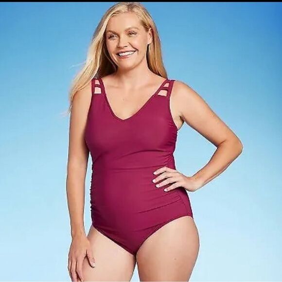 Aqua Green Wine Red Women's one piece Cut Out Strap One Piece Swimsuit M - Picture 5 of 6